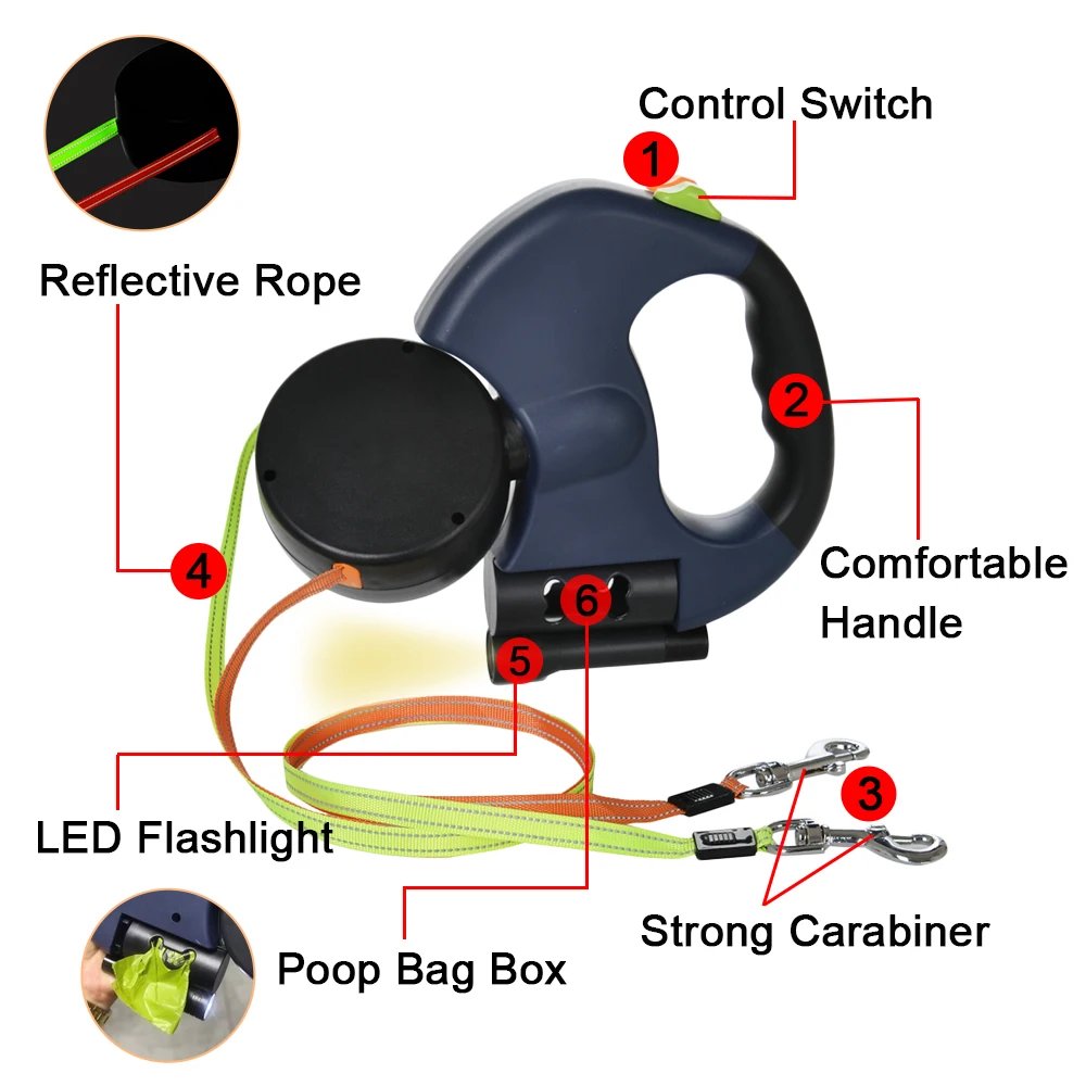Retractable Dual Dog Leash with LED Light – No‑Tangle Reflective Leash for Walking Two Dogs