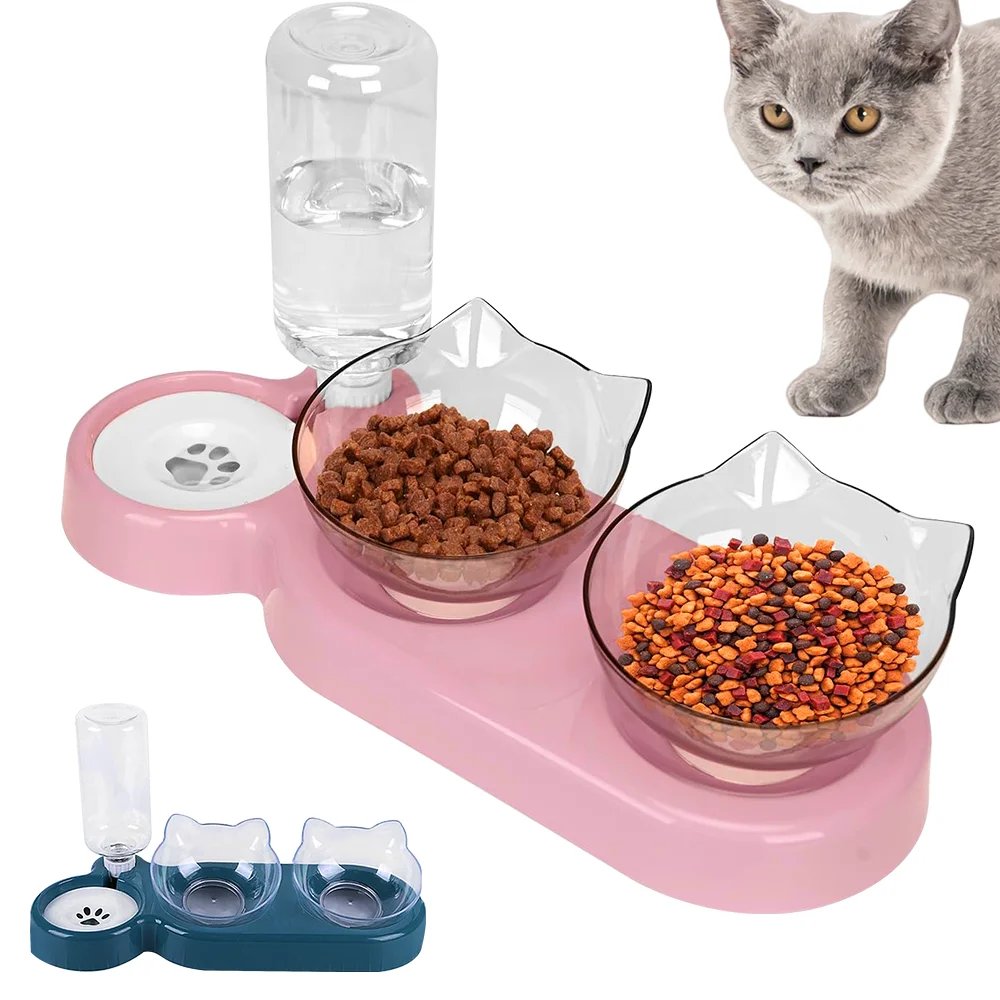[UK Stock] Pet Feeder Pet Dog Cat Food Bowl Automatic Feeder 2 in 1 Eating Drinking Water Container Anti Slip Double Feeding Bow