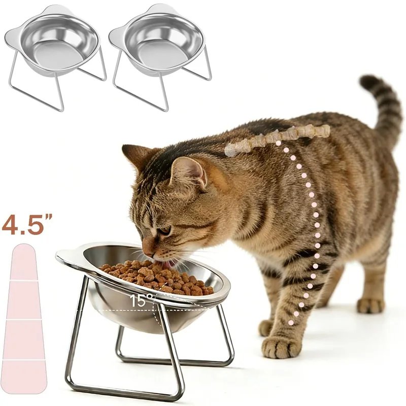 Cat Bowls Tilted Neck Guard Cat Food Bowl Indoor Stainless Steel Shatter Resistant Elevated 15° Pet Bowl For Kitten Puppy Cat Bowls Tilted Neck Guard Cat Food Bowl Indoor Stainless Steel Shatter Resistant Elevated 15° Pet Bowl For Kitten Puppy